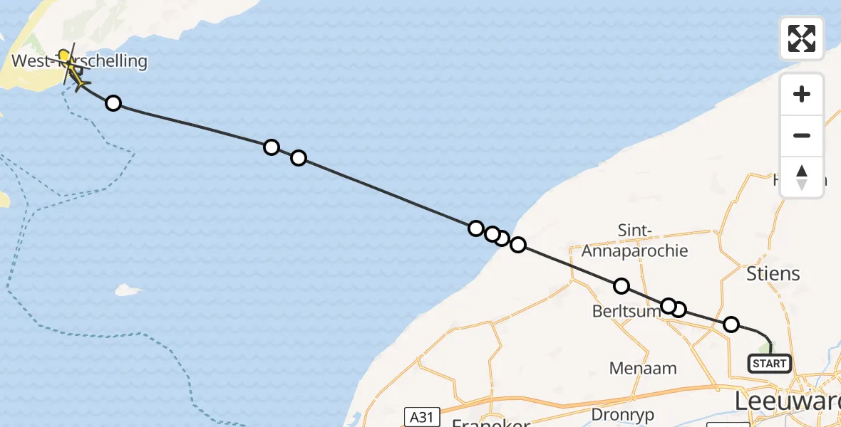 Routekaart van de vlucht: Ambulancehelikopter naar West-Terschelling, Keegsdijkje