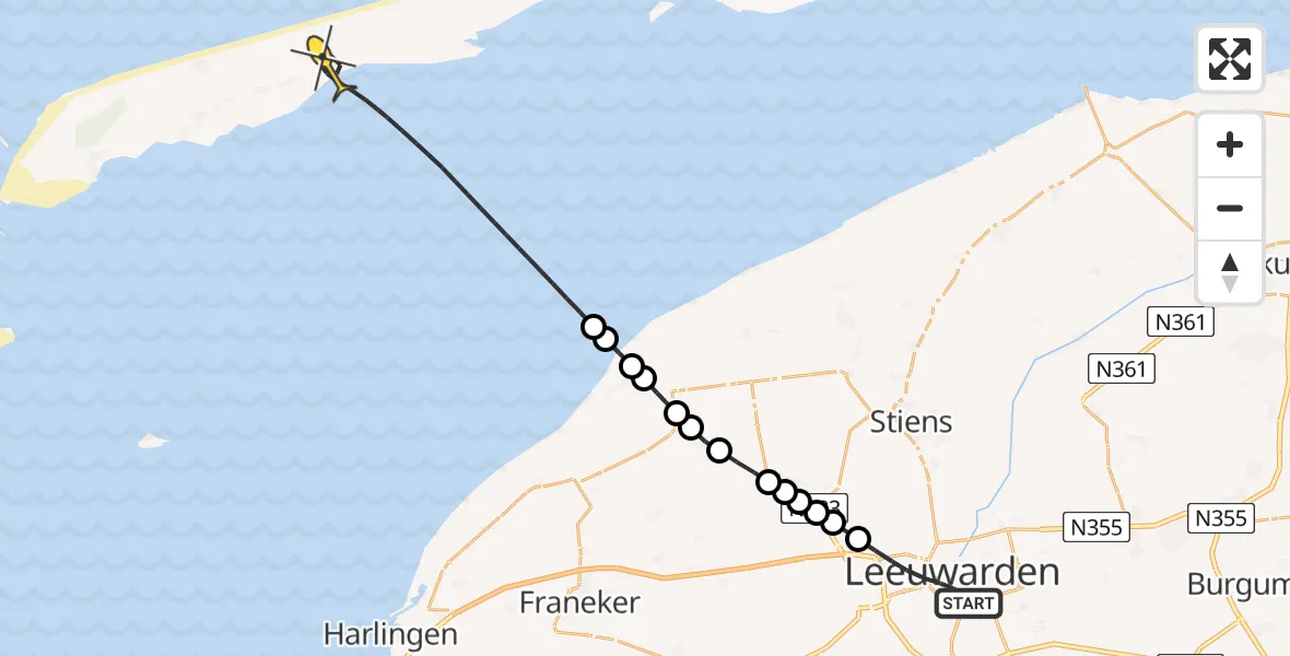 Routekaart van de vlucht: Ambulancehelikopter naar Oosterend, Wouwermanstraat
