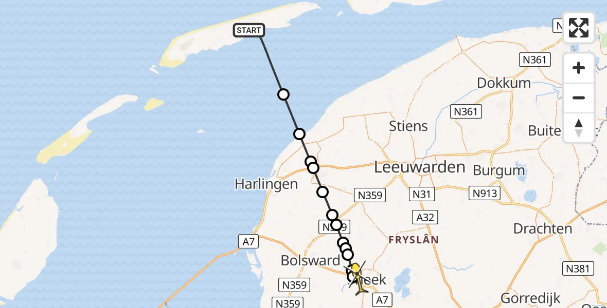 Routekaart van de vlucht: Ambulancehelikopter naar Sneek, Oosterend