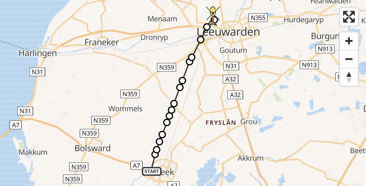 Routekaart van de vlucht: Ambulancehelikopter naar Vliegbasis Leeuwarden, Keegsdijkje