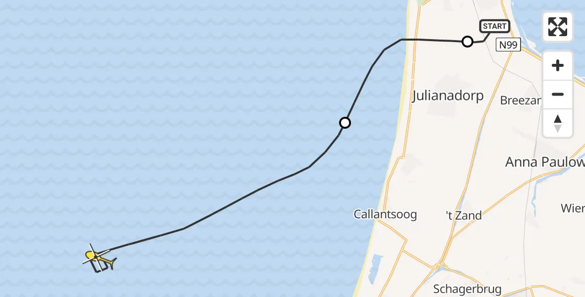 Vluchtroute Kustwachthelikopter van Vliegveld De Kooy naar 