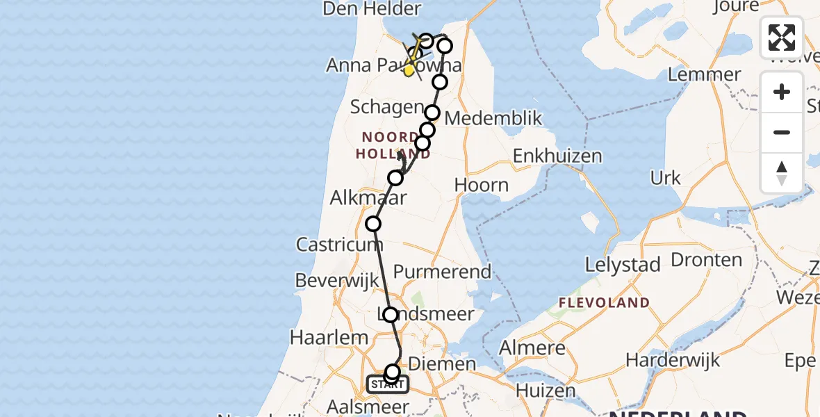 Routekaart van de vlucht: Politiehelikopter naar Anna Paulowna, Nieuwemeerdijk