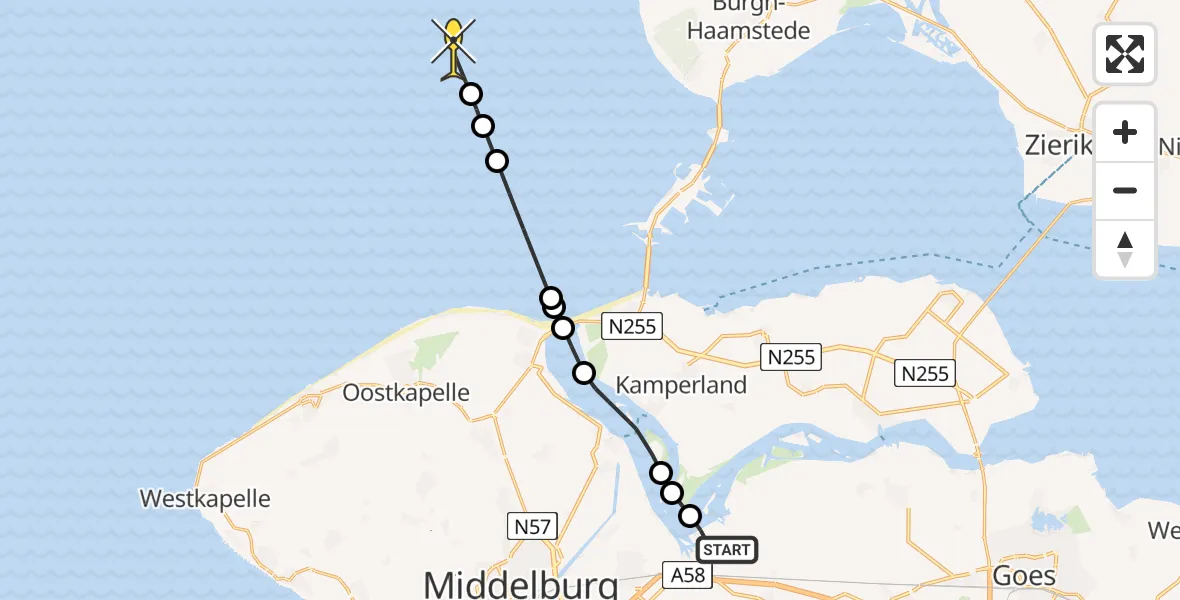 Routekaart van de vlucht: Kustwachthelikopter naar Lamsoor