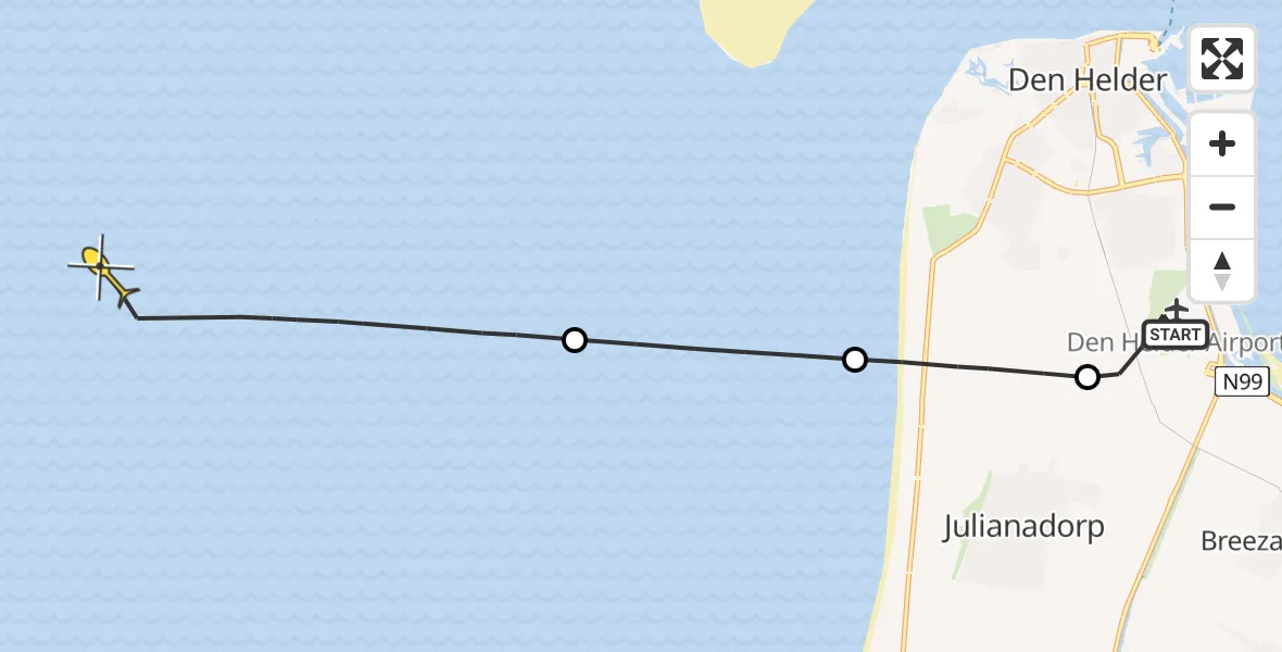 Vluchtroute Kustwachthelikopter van Vliegveld De Kooy naar 