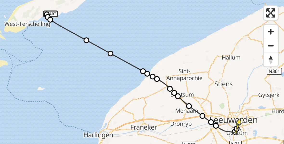 Routekaart van de vlucht: Ambulancehelikopter naar Leeuwarden, Kaard