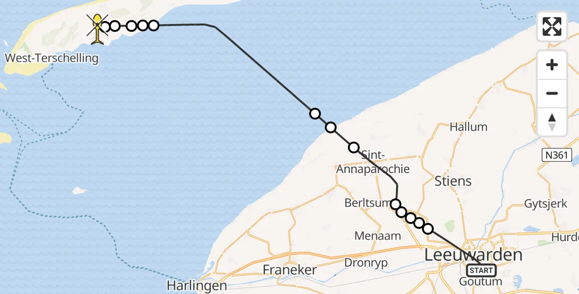 Routekaart van de vlucht: Ambulancehelikopter naar Midsland, Lange Marktstraat