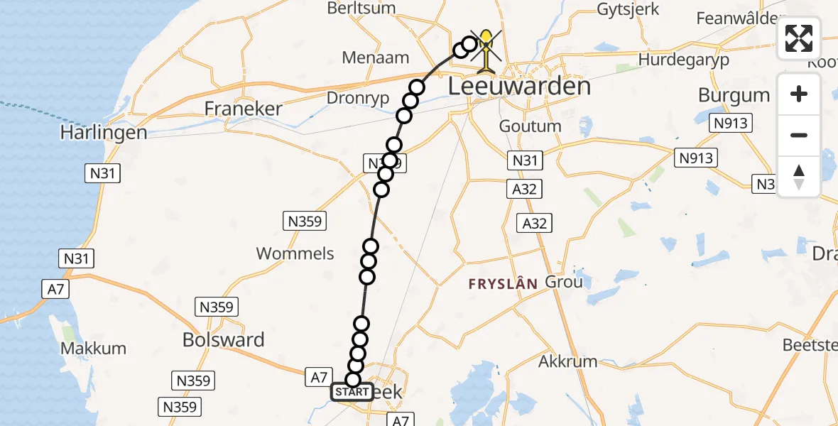 Routekaart van de vlucht: Ambulancehelikopter naar Vliegbasis Leeuwarden, Harinxmalaan