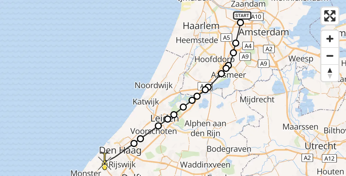 Routekaart van de vlucht: Lifeliner 1 naar Den Haag, Nieuw-Zeelandweg