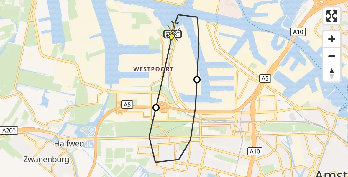 Routekaart van de vlucht: Lifeliner 1 naar Amsterdam Heliport, Nieuw-Zeelandweg