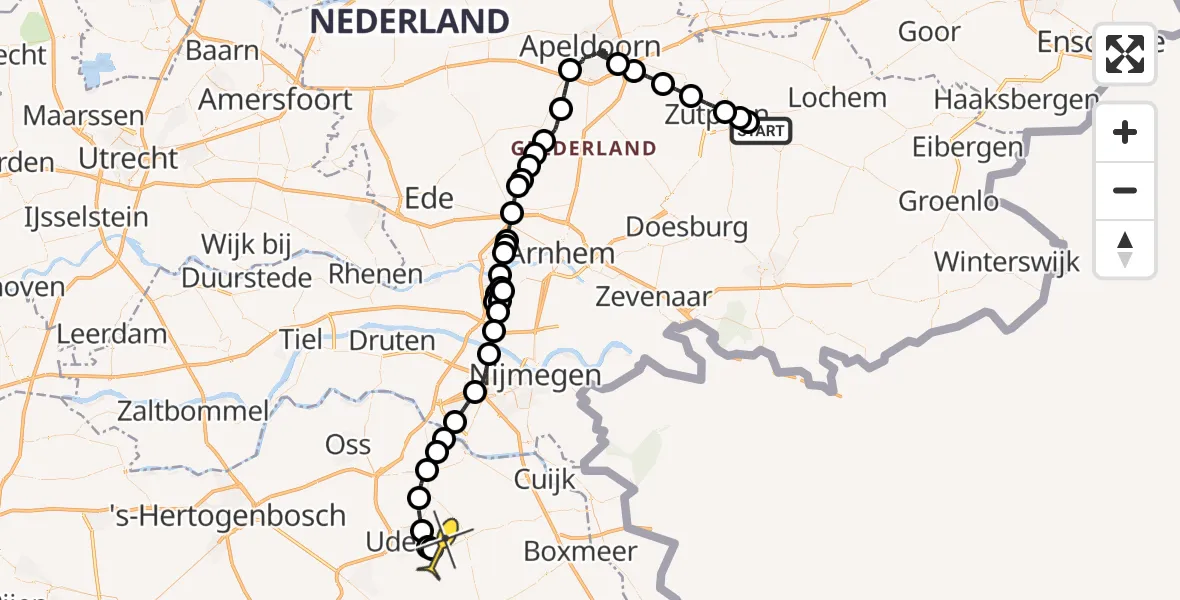 Routekaart van de vlucht: Politiehelikopter naar Vliegbasis Volkel, Kolkakkerlaan