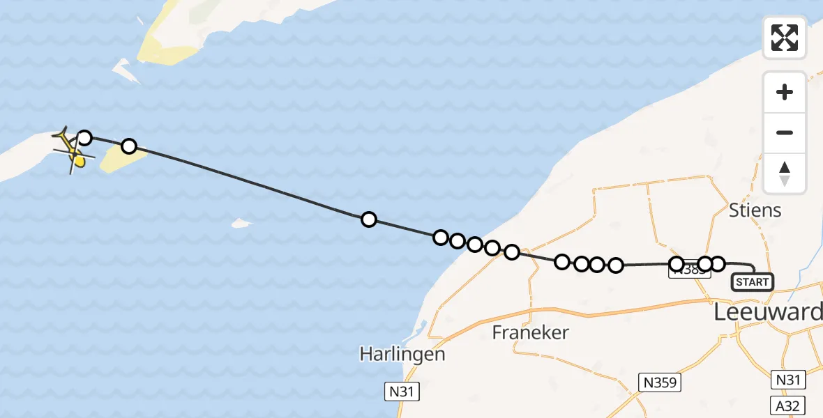Routekaart van de vlucht: Ambulancehelikopter naar Vlieland Heliport, Keegsdijkje