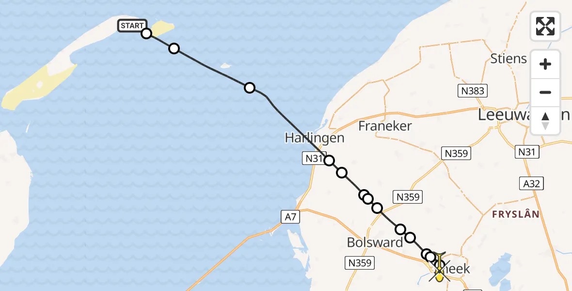 Routekaart van de vlucht: Ambulancehelikopter naar Sneek, Haven Vlieland
