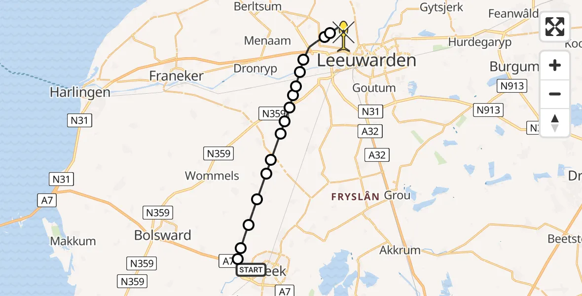 Routekaart van de vlucht: Ambulancehelikopter naar Vliegbasis Leeuwarden, Rietdekkersstraat