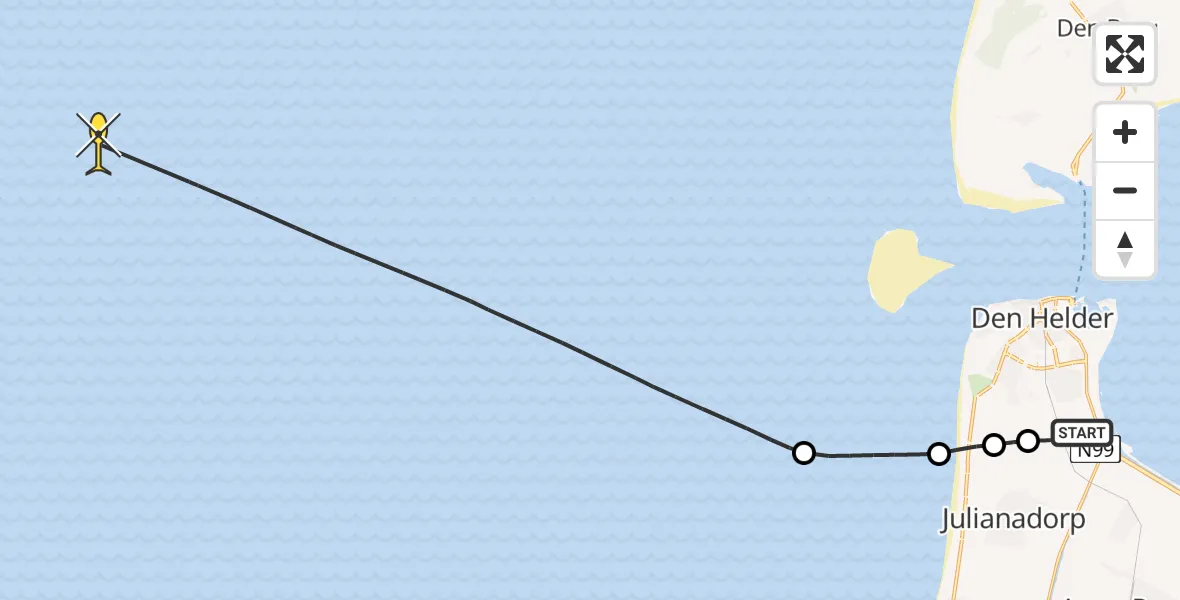 Routekaart van de vlucht: Kustwachthelikopter naar Kortevliet