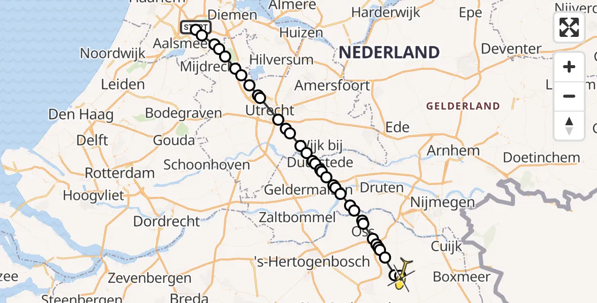 Vluchtroute Politiehelikopter van Schiphol naar Vliegbasis Volkel