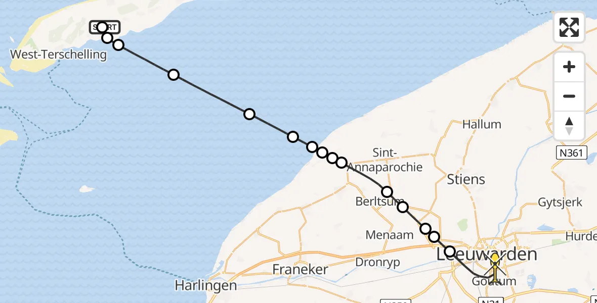 Routekaart van de vlucht: Ambulancehelikopter naar Leeuwarden, Ponswiel