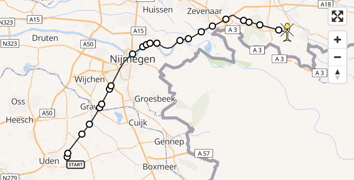 Routekaart van de vlucht: Politiehelikopter naar Etten, Manenwolf