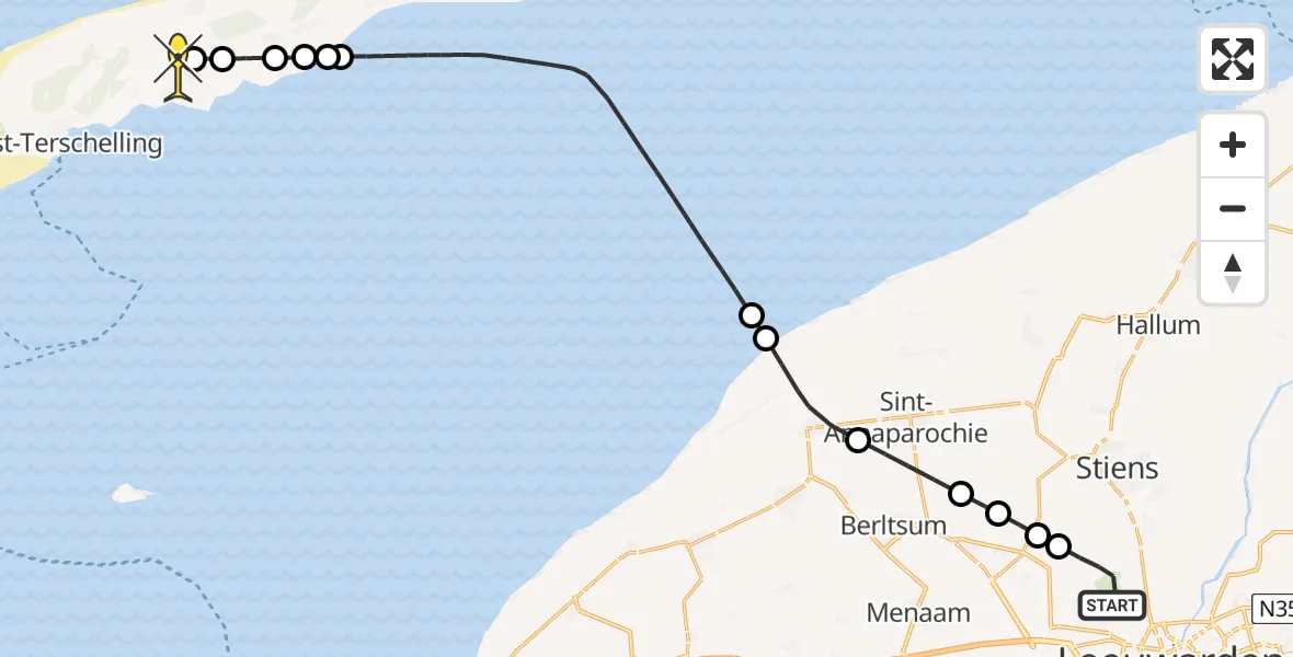 Routekaart van de vlucht: Ambulancehelikopter naar Midsland, Keegsdijkje