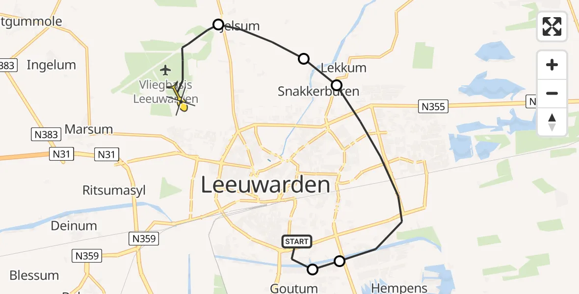 Routekaart van de vlucht: Ambulancehelikopter naar Vliegbasis Leeuwarden, It Blauwe Slot