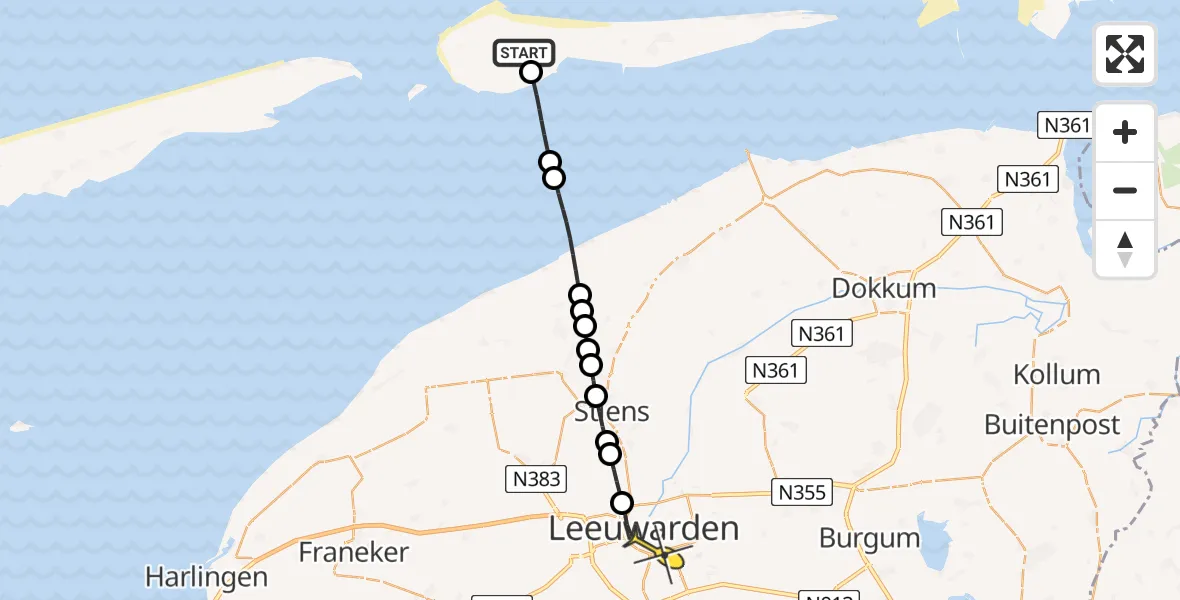 Routekaart van de vlucht: Ambulancehelikopter naar Leeuwarden, Zuider Grieweg