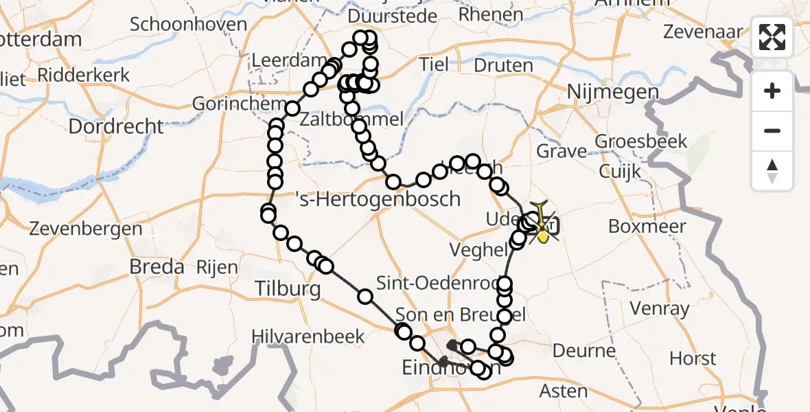 Vluchtroute Politiehelikopter van Vliegbasis Volkel naar Vliegbasis Volkel