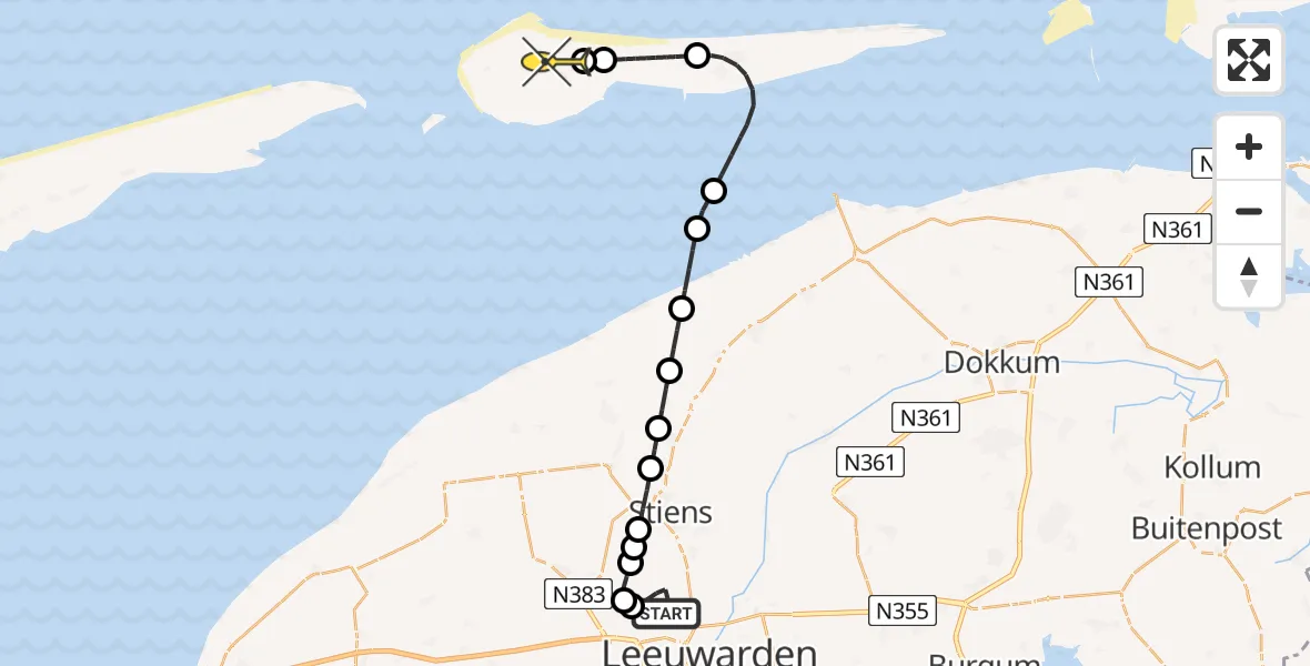 Routekaart van de vlucht: Ambulancehelikopter naar Ameland Airport Ballum, Keegsdijkje