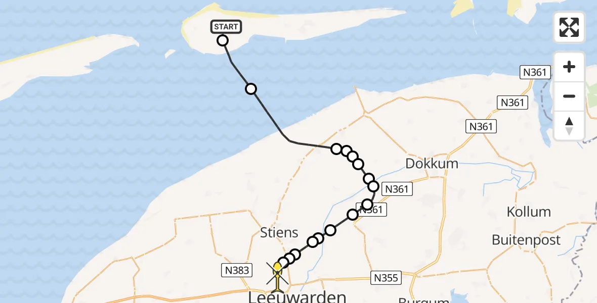 Routekaart van de vlucht: Ambulancehelikopter naar Vliegbasis Leeuwarden, Jelmeraweg
