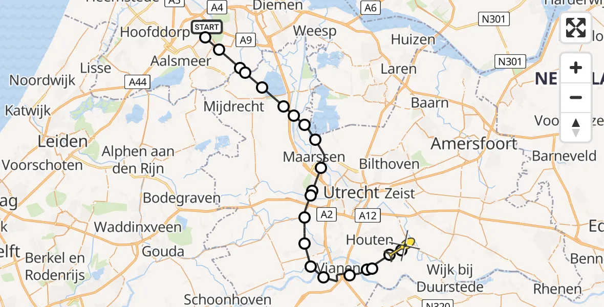 Routekaart van de vlucht: Politiehelikopter naar Werkhoven, Van Weerden-Poelmanweg