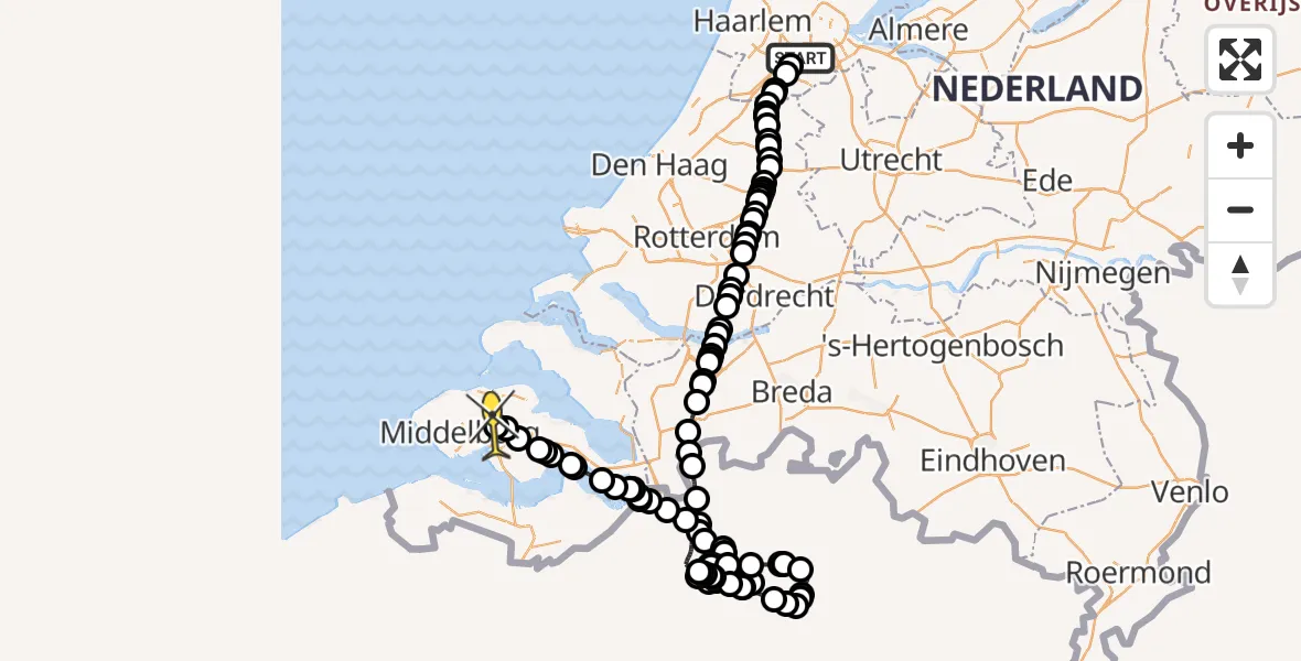 Routekaart van de vlucht: Politiehelikopter naar Vliegveld Midden-Zeeland, E.L.T.A. straat