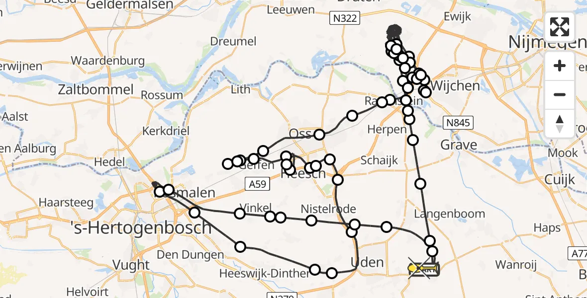 Routekaart van de vlucht: Politiehelikopter naar Vliegbasis Volkel, Zeelandsedijk