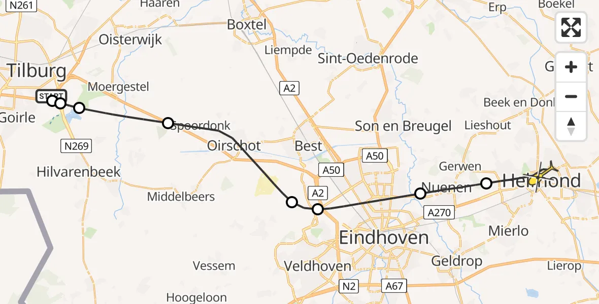 Routekaart van de vlucht: Lifeliner 2 naar Helmond, Provincialeweg