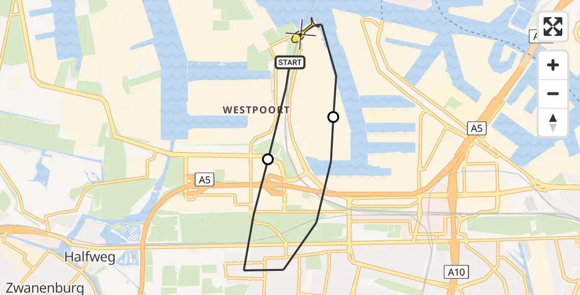 Routekaart van de vlucht: Lifeliner 1 naar Amsterdam Heliport, Nieuw-Zeelandweg