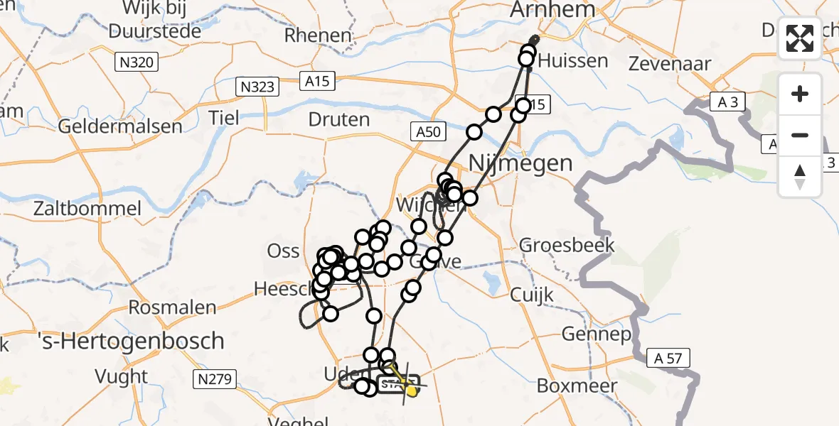 Vluchtroute Politiehelikopter van Vliegbasis Volkel naar Vliegbasis Volkel