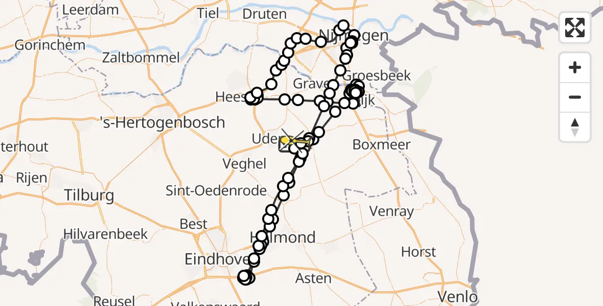 Routekaart van de vlucht: Politieheli naar Vliegbasis Volkel, Oosterheidestraat