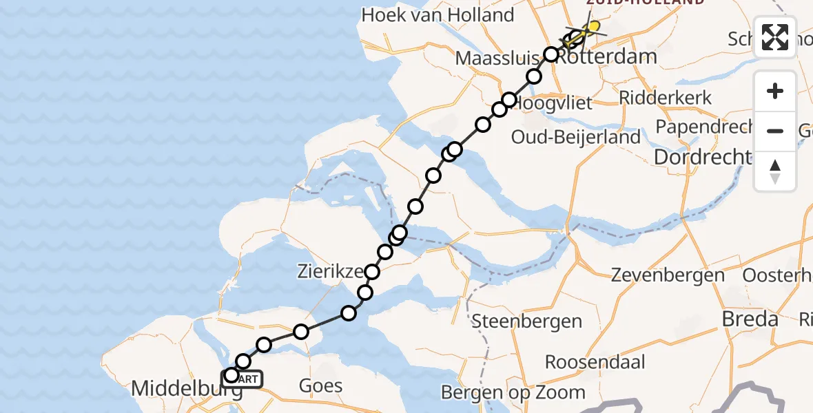 Routekaart van de vlucht: Kustwachthelikopter naar Rotterdam The Hague Airport, Calandweg