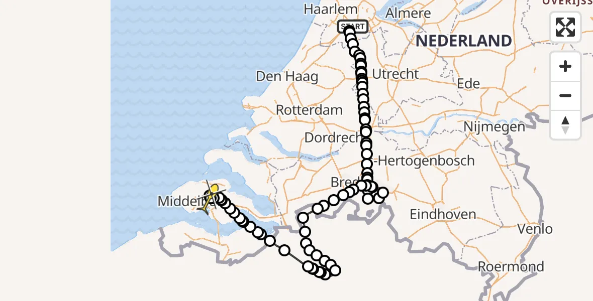 Routekaart van de vlucht: Politiehelikopter naar Vliegveld Midden-Zeeland, E.L.T.A. straat