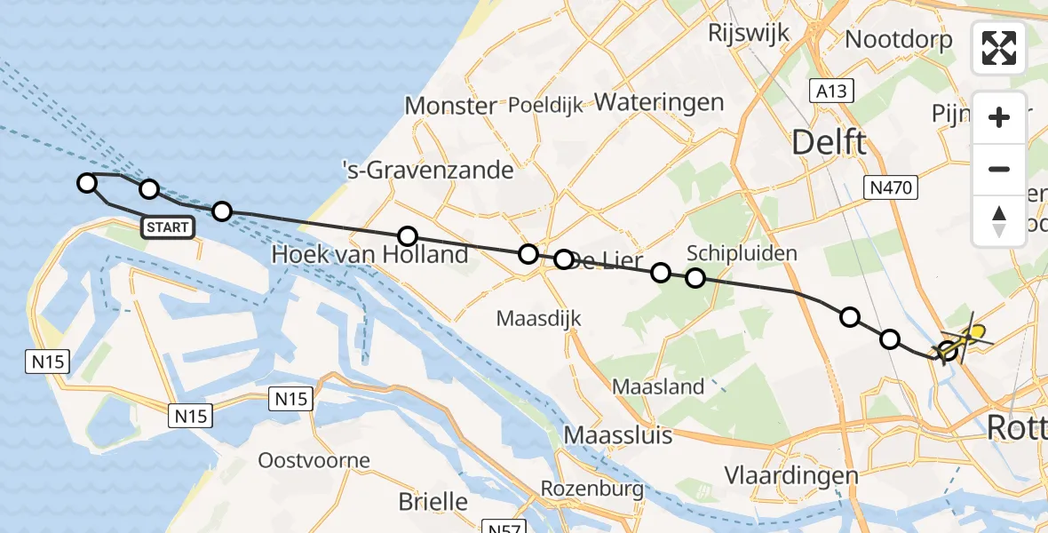 Routekaart van de vlucht: Kustwachthelikopter naar Rotterdam The Hague Airport, Maasvlakteweg