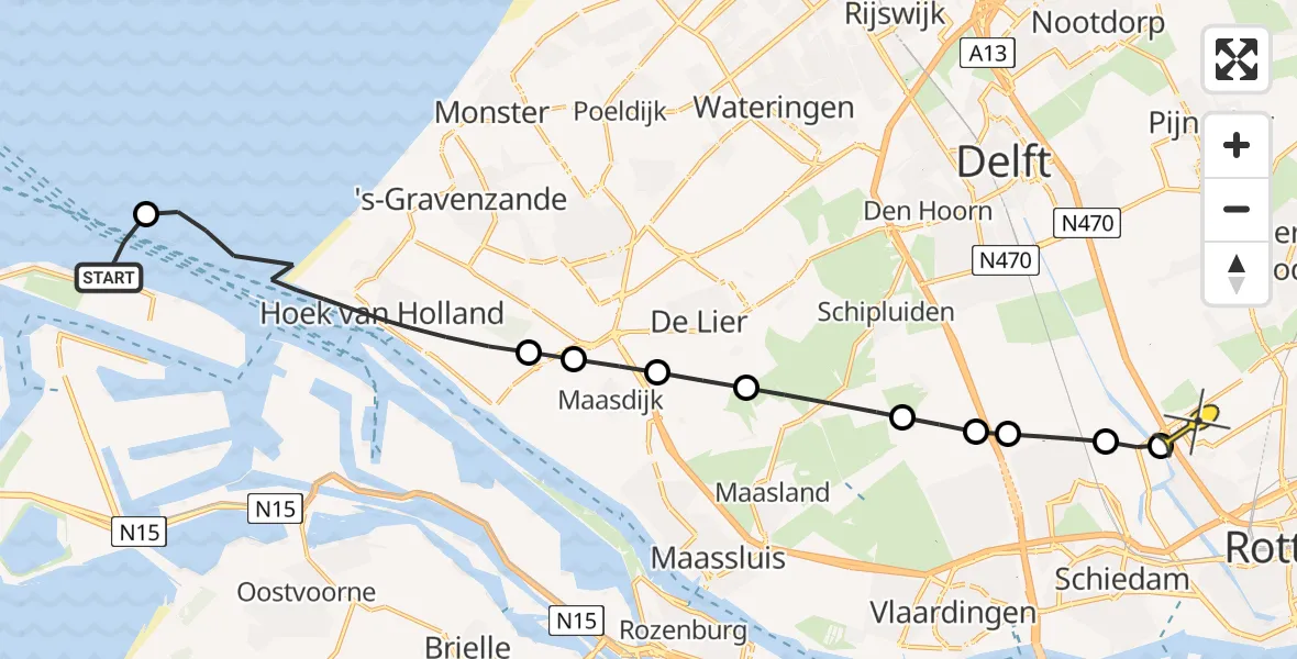 Routekaart van de vlucht: Kustwachthelikopter naar Rotterdam The Hague Airport, Maasvlakteweg