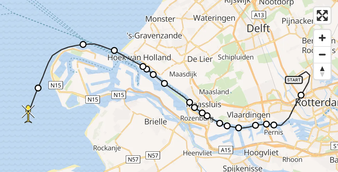 Vluchtroute Kustwachthelikopter van Rotterdam The Hague Airport naar 