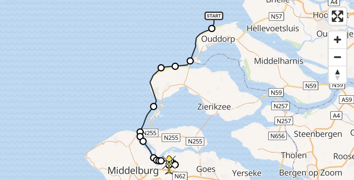 Routekaart van de vlucht: Kustwachthelikopter naar Vliegveld Midden-Zeeland, Oost-westweg