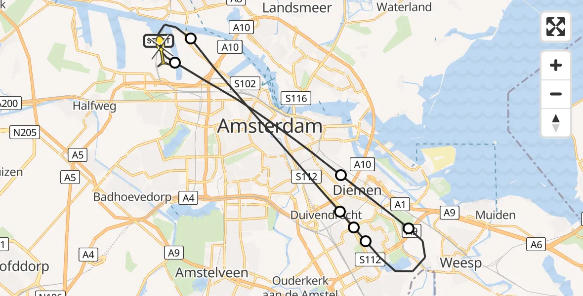 Routekaart van de vlucht: Lifeliner 1 naar Amsterdam Heliport, Stadsstrand Kanaal Noord