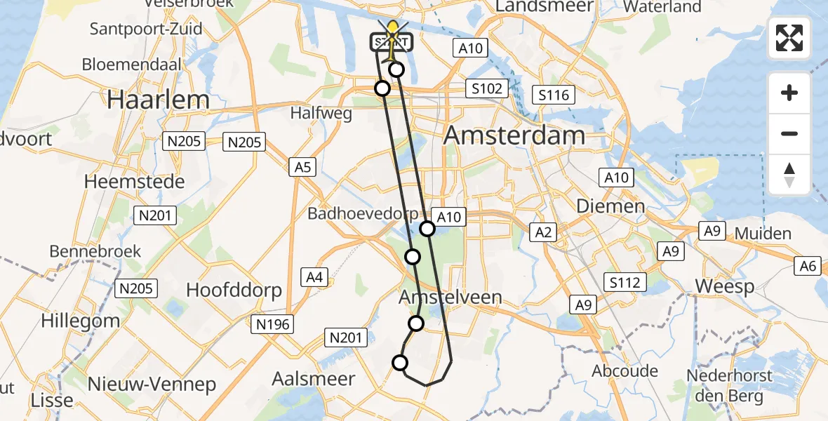 Routekaart van de vlucht: Lifeliner 1 naar Amsterdam Heliport, Amerikahavenweg