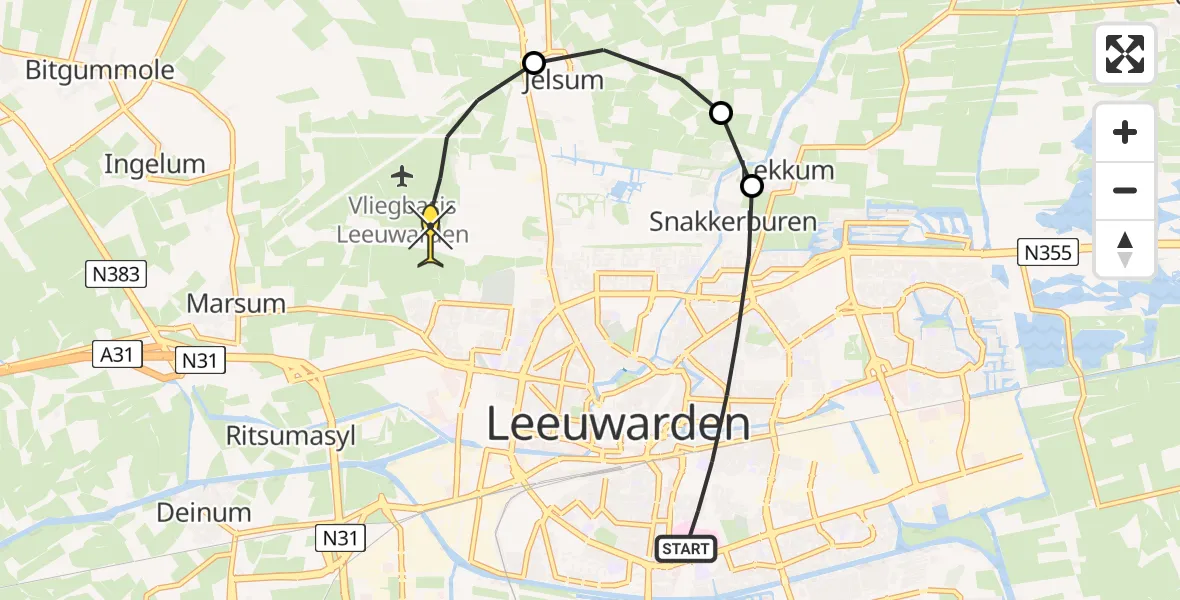 Routekaart van de vlucht: Ambulancehelikopter naar Vliegbasis Leeuwarden, Achter de Hoven