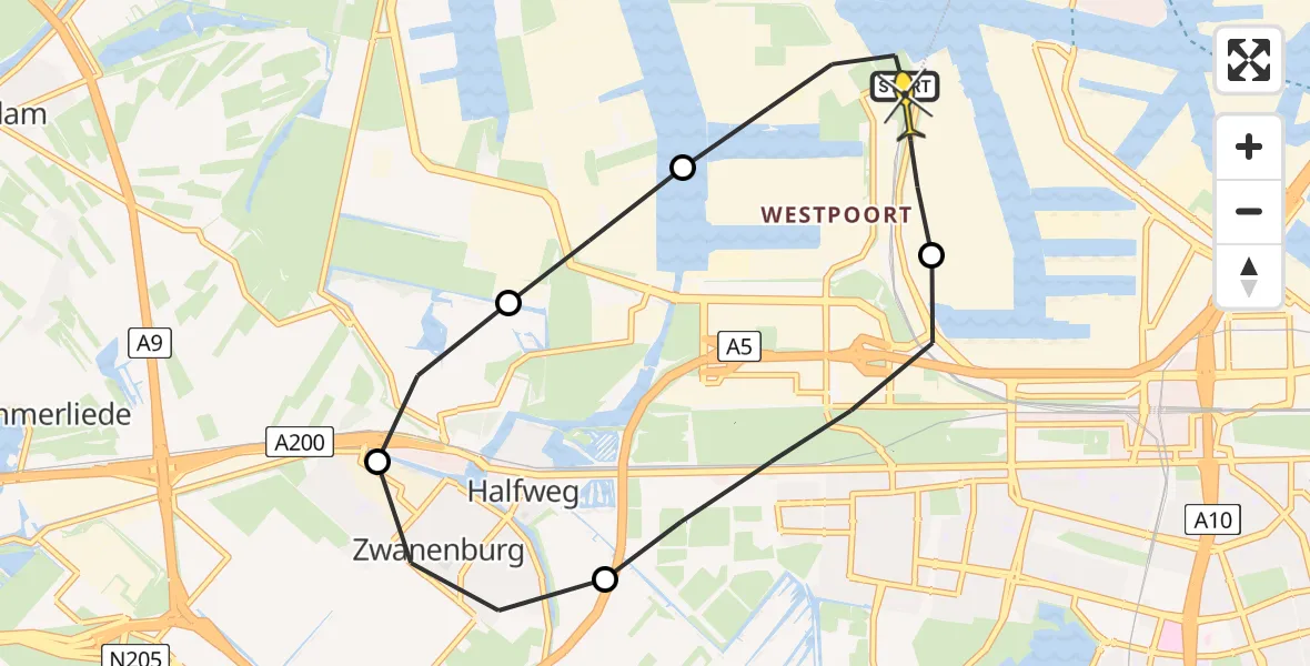 Routekaart van de vlucht: Lifeliner 1 naar Amsterdam Heliport, Siciliëweg