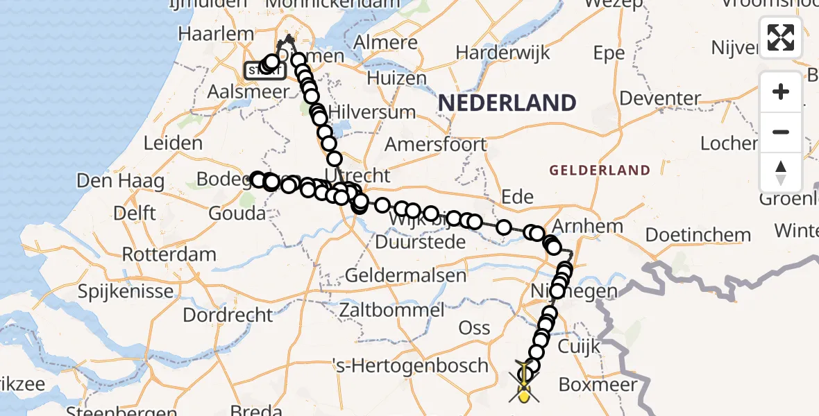 Vluchtroute Politiehelikopter van Schiphol naar Vliegbasis Volkel