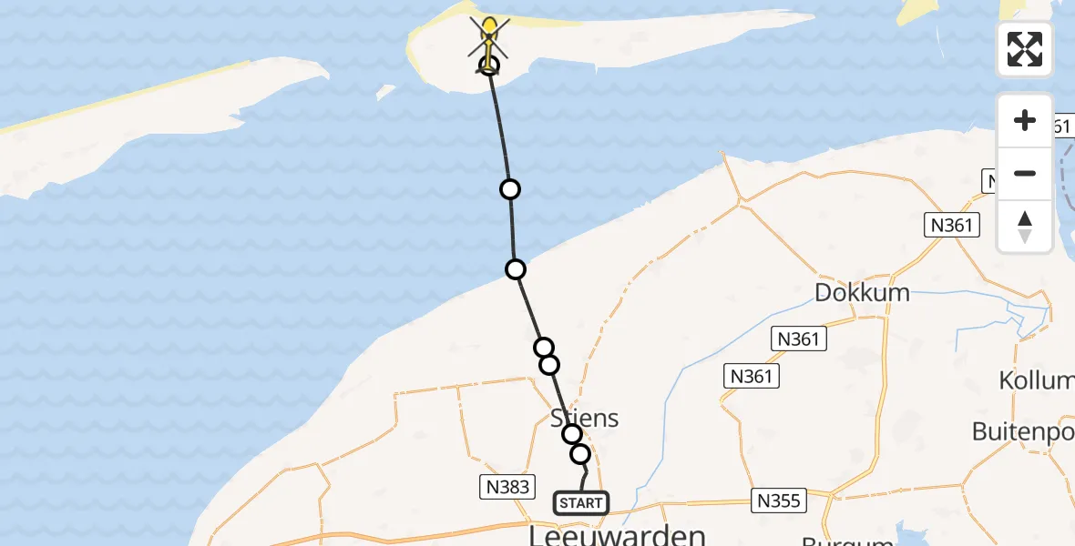 Routekaart van de vlucht: Ambulanceheli naar Ameland Airport Ballum, Koarnjumer Feart