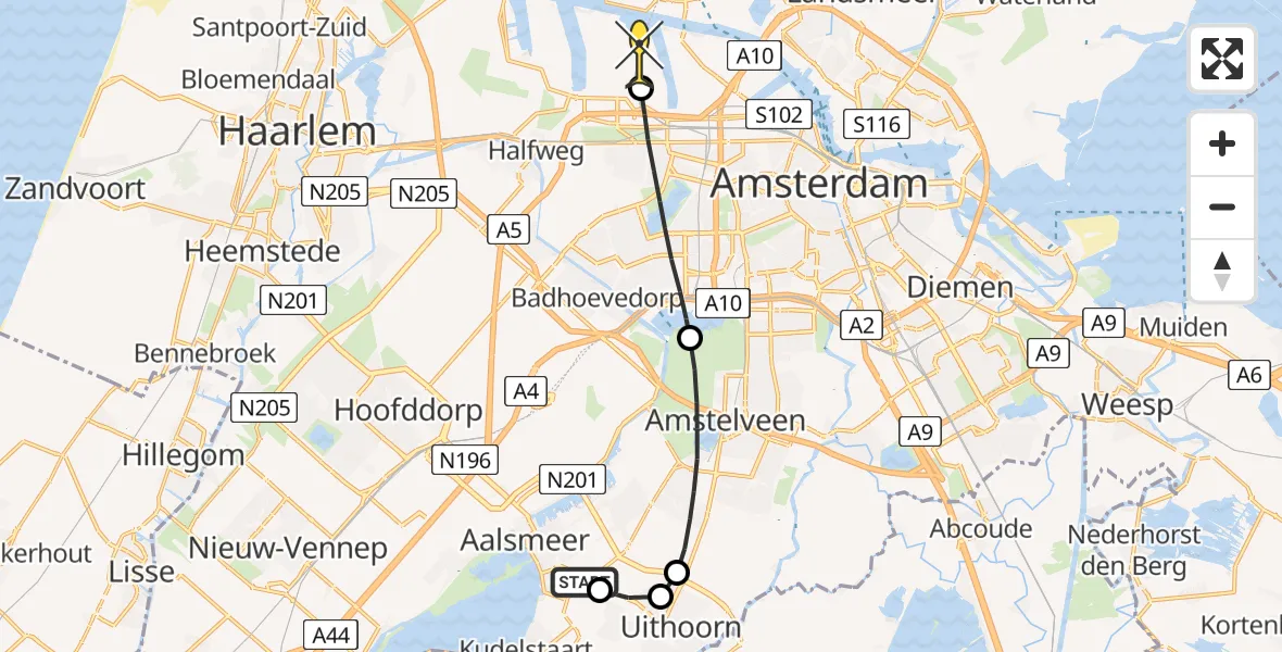 Routekaart van de vlucht: Lifeliner 1 naar Amsterdam Heliport, Koningin Máximalaan