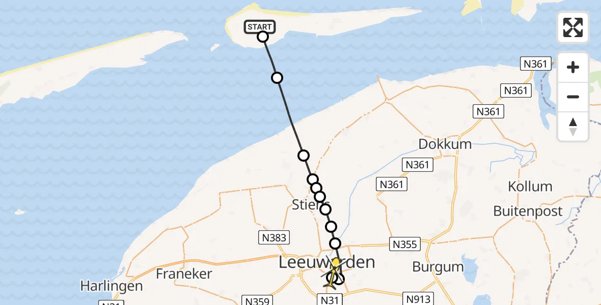 Routekaart van de vlucht: Ambulancehelikopter naar Leeuwarden, Jelmeraweg