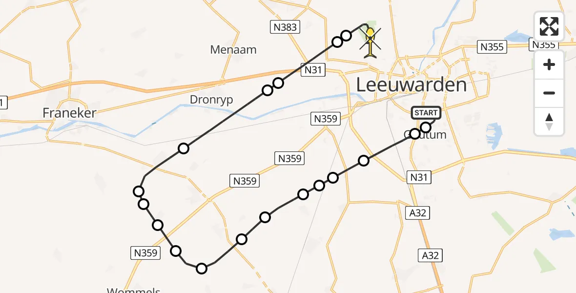 Routekaart van de vlucht: Ambulancehelikopter naar Vliegbasis Leeuwarden, Aldlânsdyk