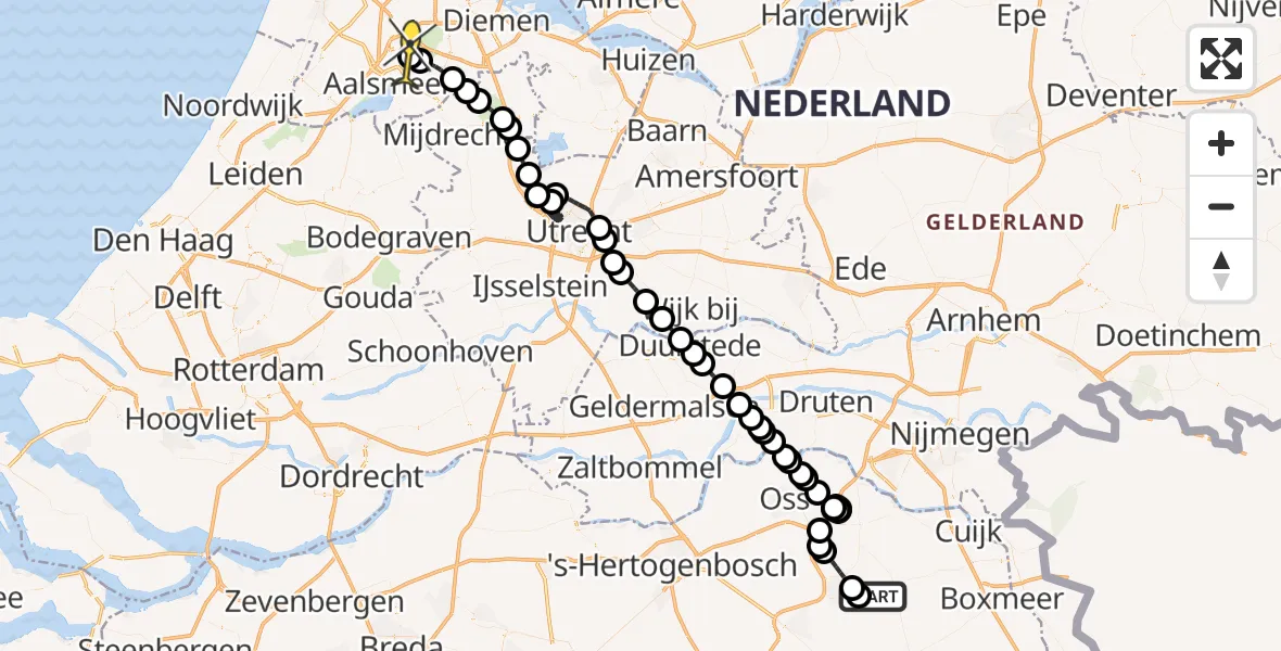 Vluchtroute Politiehelikopter van Vliegbasis Volkel naar Schiphol